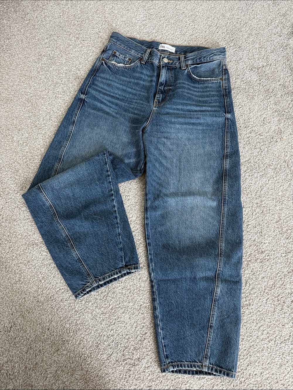 Zara Straight-Leg High-Rise Jeans in Medium Blue Wash